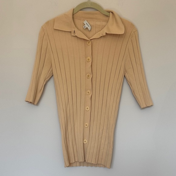 Oroton Ribbed Collared Button Up Top in Creamed Honey - M - Picture 1 of 5